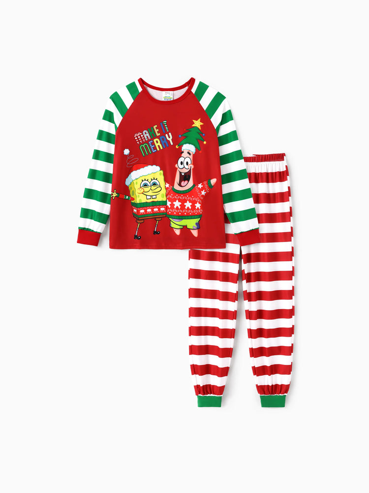 Conjunto de pijama familiar a rayas navideño de Bob Esponja con calcetines navideños rojos