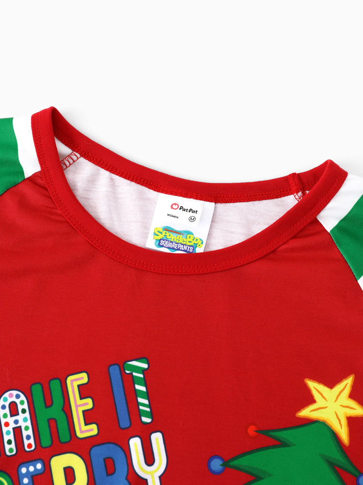 Conjunto de pijama familiar a rayas navideño de Bob Esponja con calcetines navideños rojos