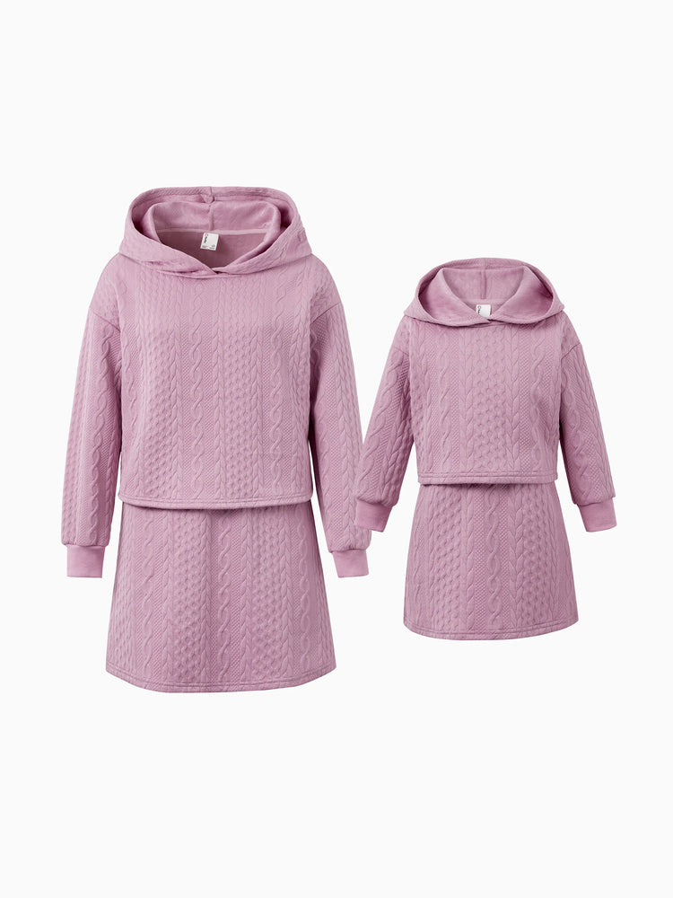 Tenues familiales assorties Ensemble sweat-shirt à capuche et jupe texturés en tricot rose pour maman et moi Rose