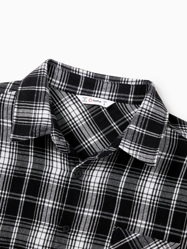 Tenues familiales assorties : chemises papa-fils noires à carreaux ou robes maman-fille en tulle à manches longues bouffantes et tulle épissé noir