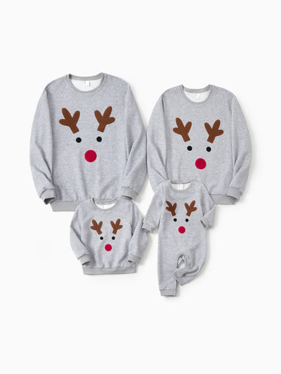 Sweat-shirt à manches longues pour toute la famille, motif renne brodé, gris