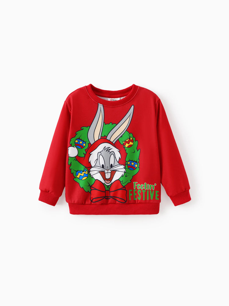 Looney Tunes Toddler Boy/Girl 2pcs Bugs Bunny Graphic and Christmas Wreath Print Longsleeves Top and Leggings Set Red