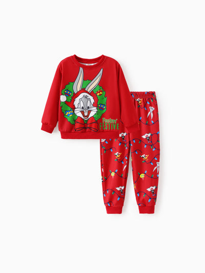 Ensemble 2 pièces unisexe Looney Tunes pour tout-petit garçon/fille, haut à manches longues et leggings à imprimé Bugs Bunny et couronne de Noël, rouge