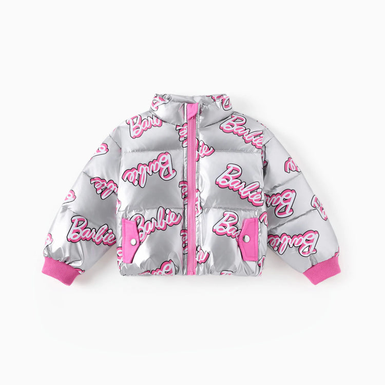 Chaqueta acolchada corta de manga larga con estampado de logotipo para niña Barbie, color blanco, 1 pieza