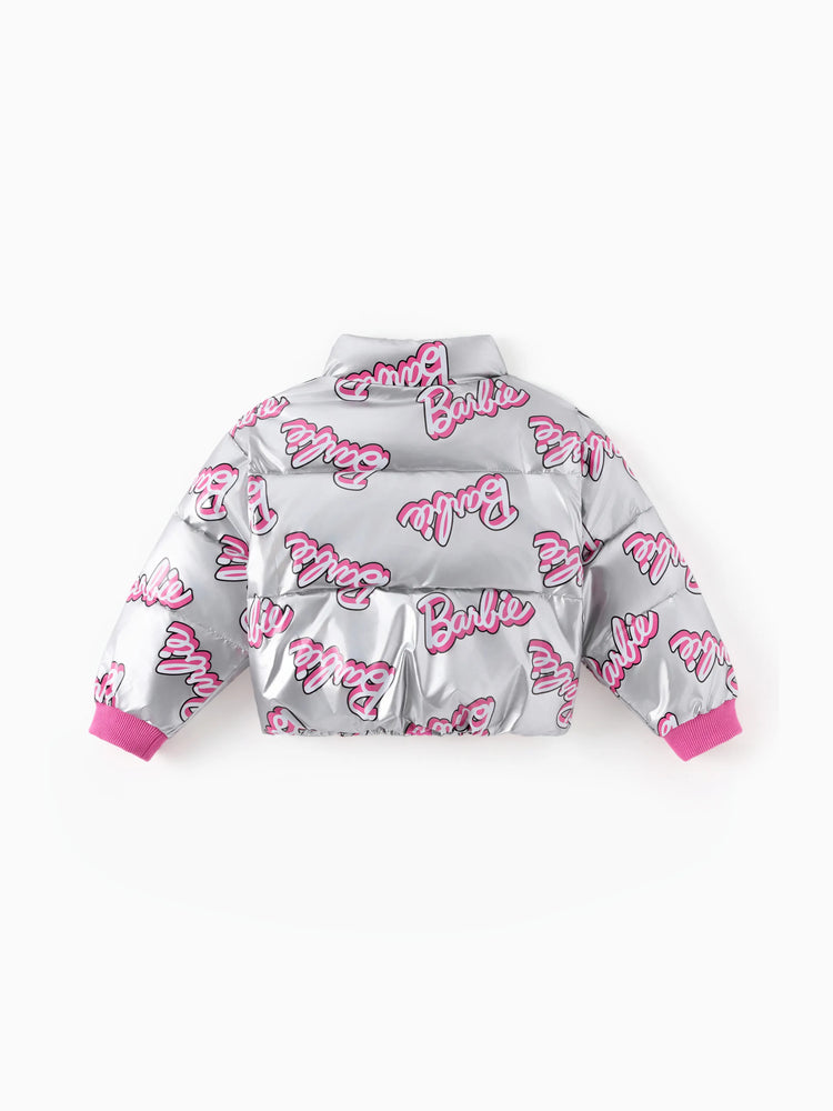 Chaqueta acolchada corta de manga larga con estampado de logotipo para niña Barbie, color blanco, 1 pieza