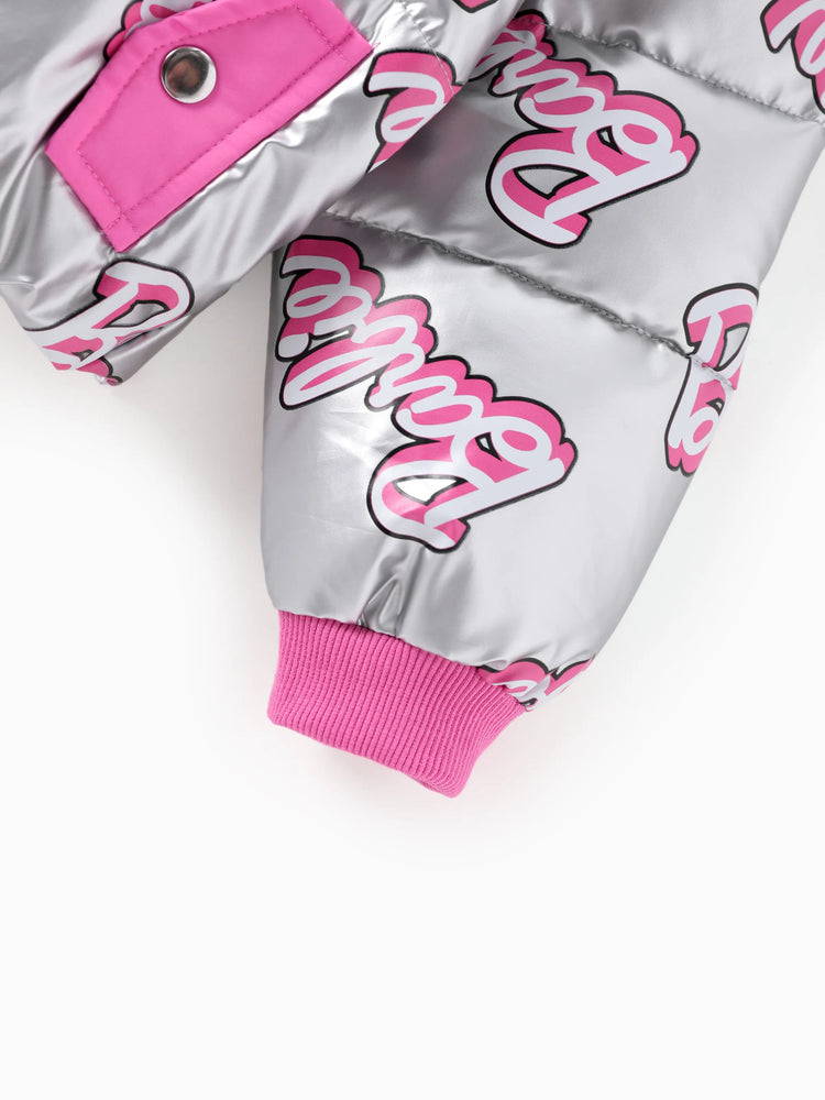 Chaqueta acolchada corta de manga larga con estampado de logotipo para niña Barbie, color blanco, 1 pieza