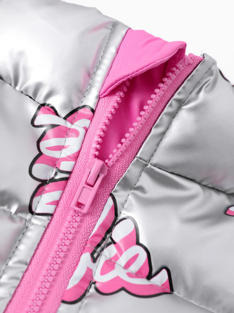 Chaqueta acolchada corta de manga larga con estampado de logotipo para niña Barbie, color blanco, 1 pieza