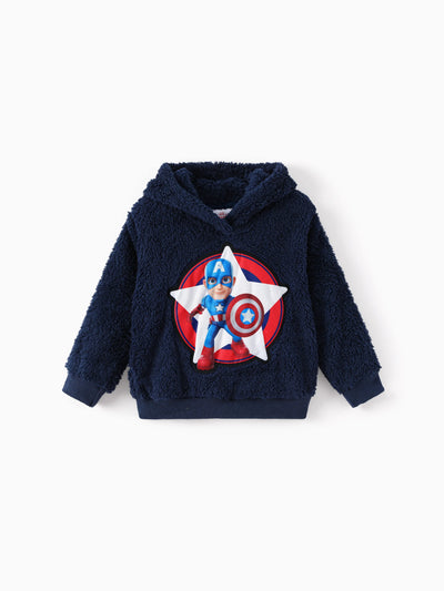 Marvel Toddler Boy Captain America Embroidered Coral Fleece Hooded Sweatshirt Deep Blue