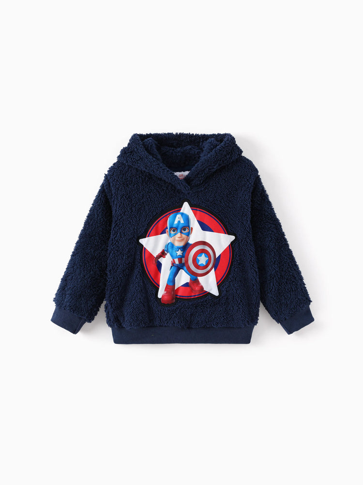 Marvel Toddler Boy Captain America Embroidered Coral Fleece Hooded Sweatshirt Deep Blue