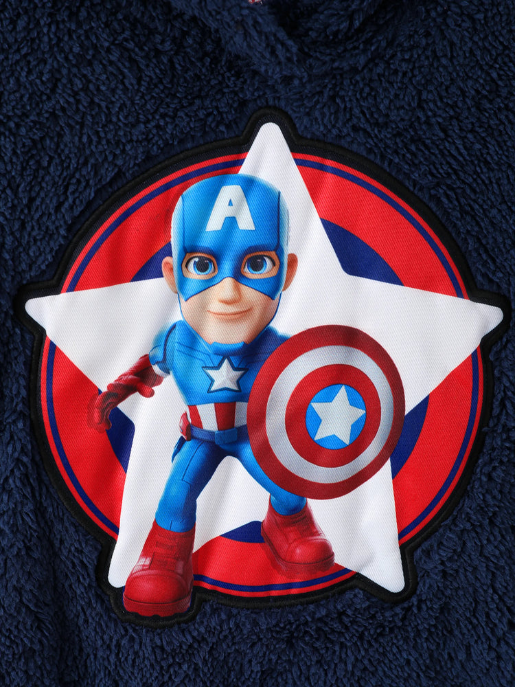 Marvel Toddler Boy Captain America Embroidered Coral Fleece Hooded Sweatshirt Deep Blue