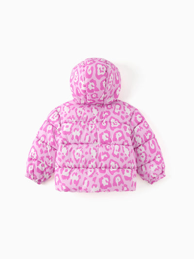 Disney Mickey and Friends Toddler/Kids Girl Minnie Mouse Leopard Print Polyester Fabric Hooded Puffer Jacket Pink
