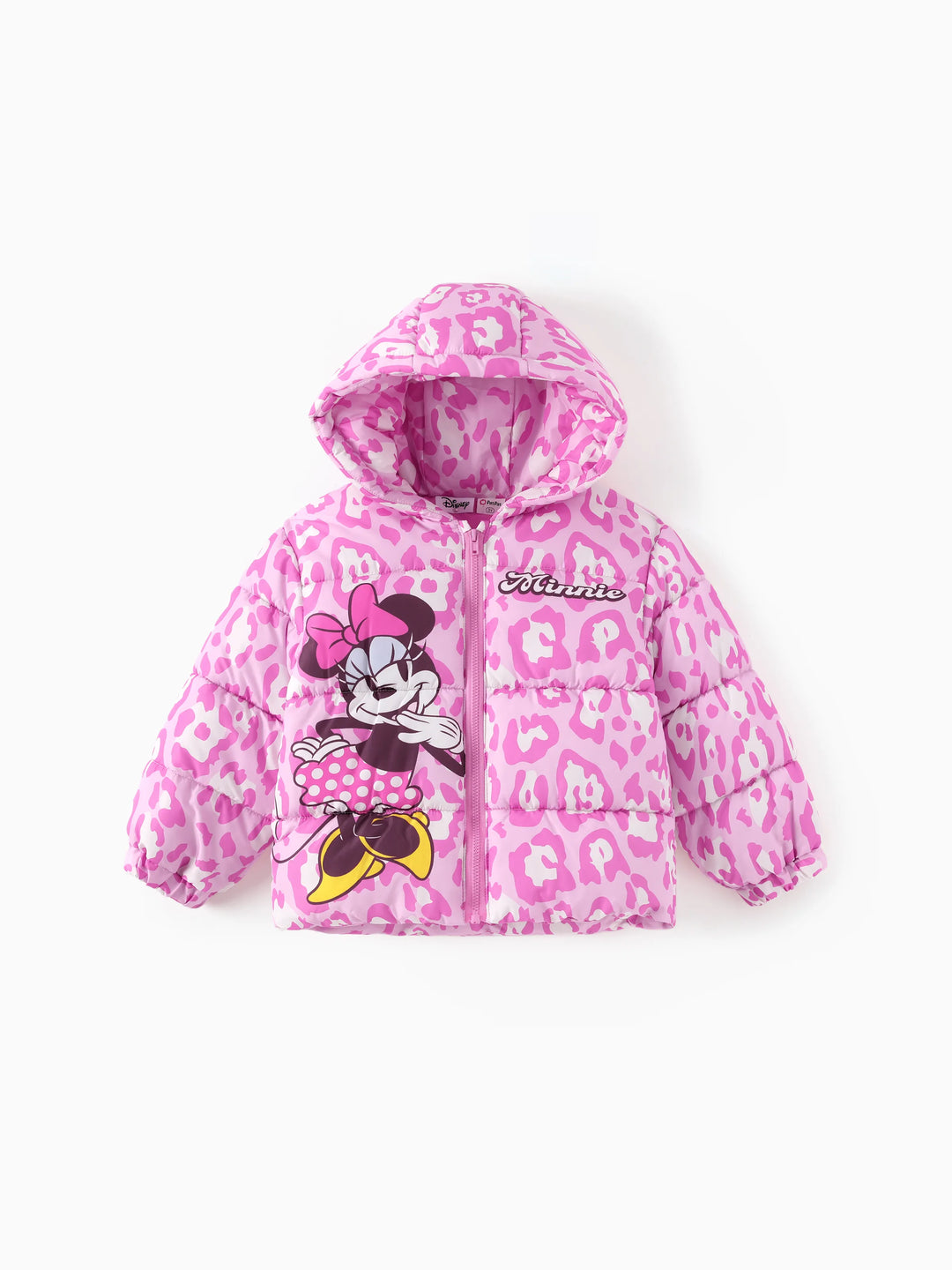 Doudoune à capuche en polyester imprimé léopard Minnie Mouse pour fille, motif Disney Mickey et ses amis, rose
