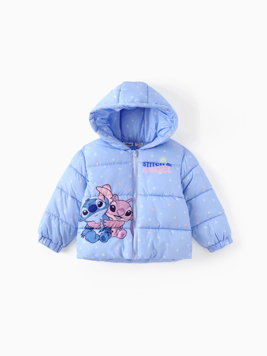 Disney Stitch Toddler/Kids Girl Stitch/Angel Sweet Geometric Pattern Polyester Fabric Hooded Puffer Jacket Blue