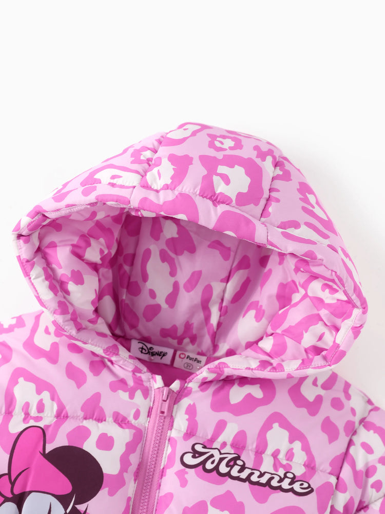 Doudoune à capuche en polyester imprimé léopard Minnie Mouse pour fille, motif Disney Mickey et ses amis, rose