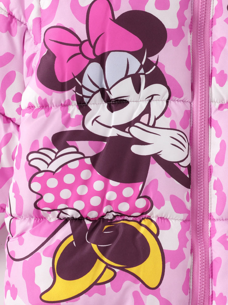 Doudoune à capuche en polyester imprimé léopard Minnie Mouse pour fille, motif Disney Mickey et ses amis, rose