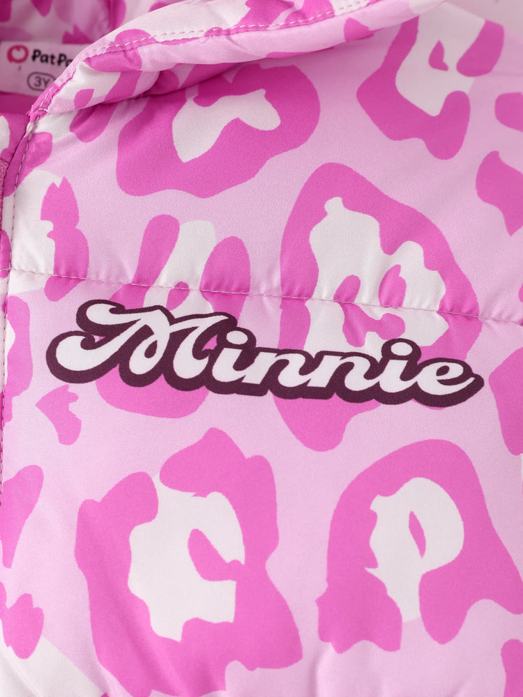 Doudoune à capuche en polyester imprimé léopard Minnie Mouse pour fille, motif Disney Mickey et ses amis, rose