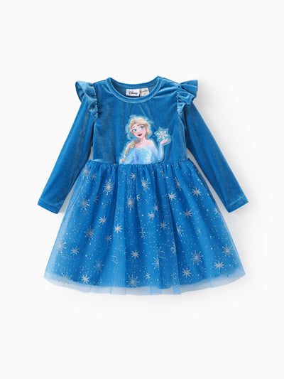 Disney Frozen Toddler Girl Elsa Flutter-sleeve Velvet Mesh Spliced Dress Blue