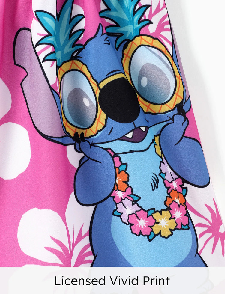 Disney Stitch Kid Girl Floral/Palm Tree Print Ruffled Babydoll Dress Hot Pink