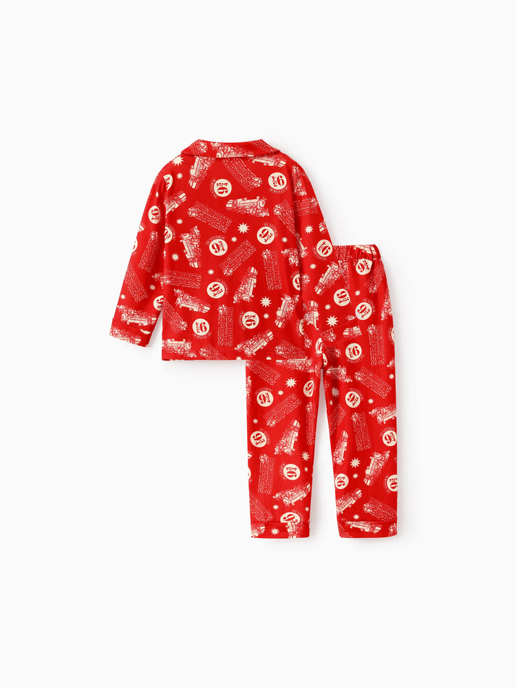 Harry Potter Christmas Matching Family Pajamas Set Hogwarts Express Pattern Long-sleeve Collared PJS with Christmas Socks Red