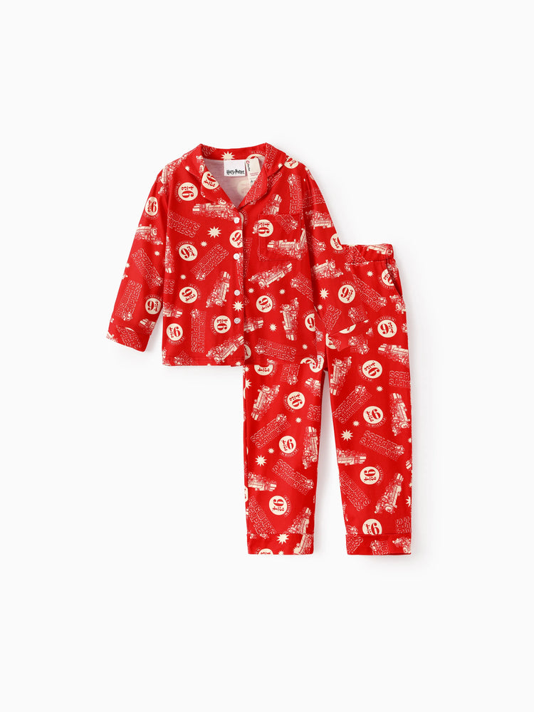 Harry Potter Christmas Matching Family Pajamas Set Hogwarts Express Pattern Long-sleeve Collared PJS with Christmas Socks Red