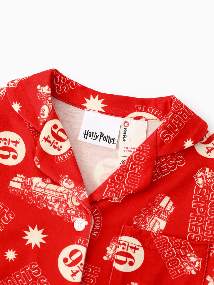 Harry Potter Christmas Matching Family Pajamas Set Hogwarts Express Pattern Long-sleeve Collared PJS with Christmas Socks Red