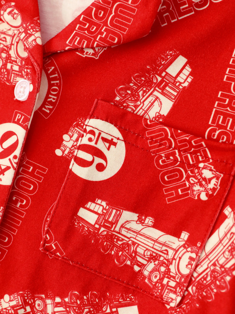 Harry Potter Christmas Matching Family Pajamas Set Hogwarts Express Pattern Long-sleeve Collared PJS with Christmas Socks Red