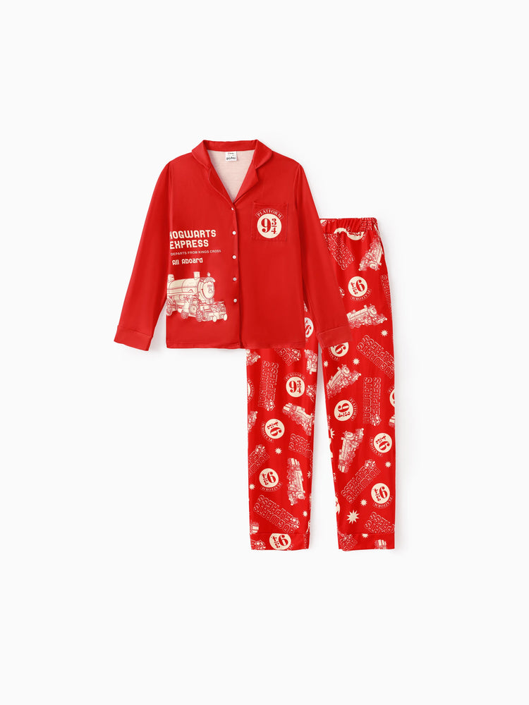 Harry Potter Christmas Matching Family Pajamas Set Hogwarts Express Pattern Long-sleeve Collared PJS with Christmas Socks Red