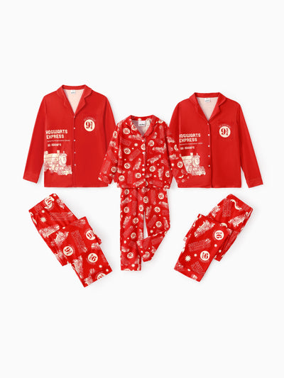 Harry Potter Christmas Matching Family Pajamas Set Hogwarts Express Pattern Long-sleeve Collared PJS with Christmas Socks Red