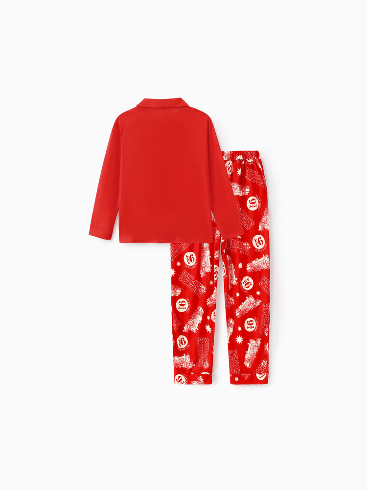 Harry Potter Christmas Matching Family Pajamas Set Hogwarts Express Pattern Long-sleeve Collared PJS with Christmas Socks Red