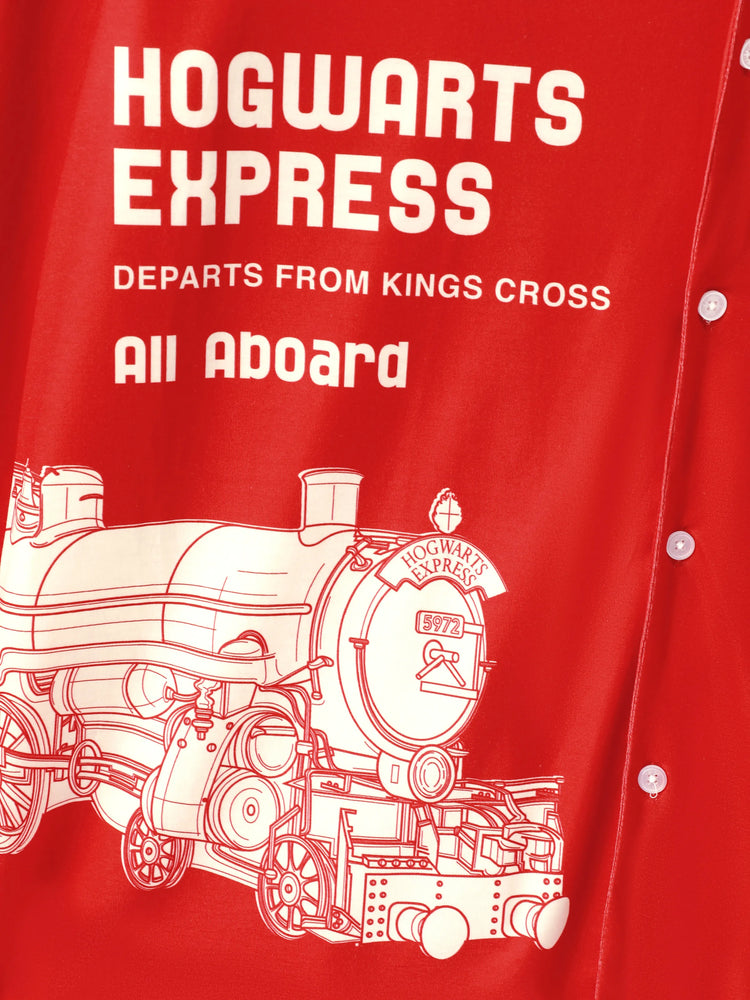 Harry Potter Christmas Matching Family Pajamas Set Hogwarts Express Pattern Long-sleeve Collared PJS with Christmas Socks Red