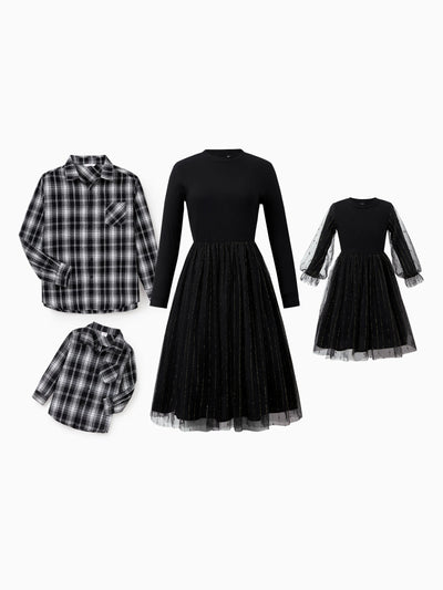 Tenues familiales assorties : chemises papa-fils noires à carreaux ou robes maman-fille en tulle à manches longues bouffantes et tulle épissé noir