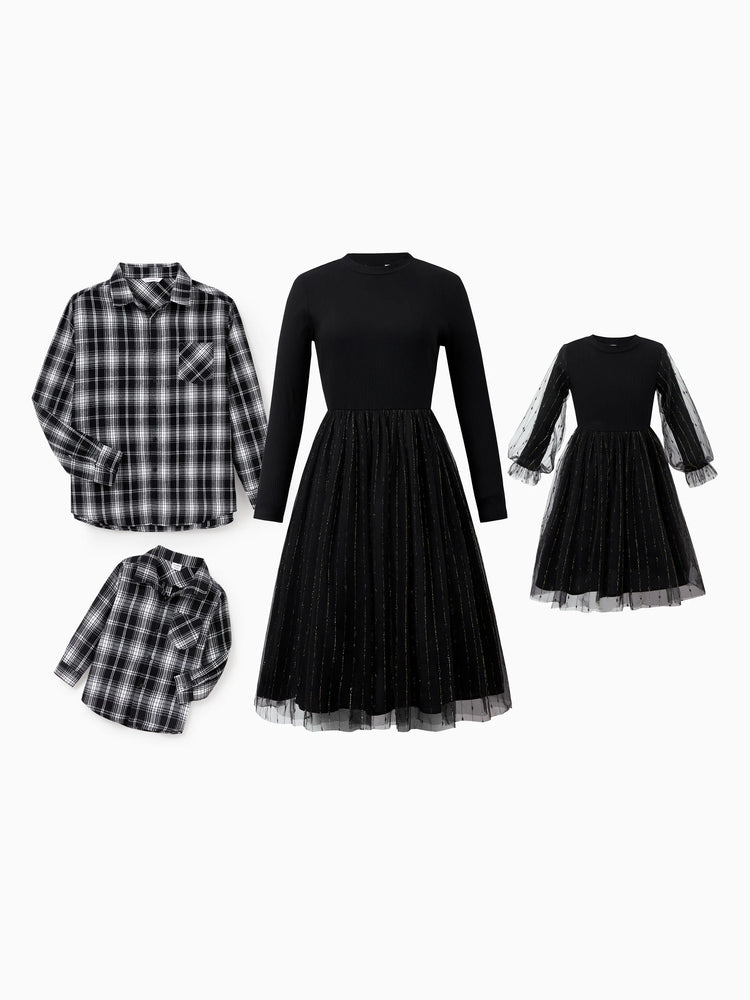 Tenues familiales assorties : chemises papa-fils noires à carreaux ou robes maman-fille en tulle à manches longues bouffantes et tulle épissé noir