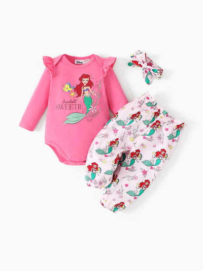 Disney Princess Baby Girl Ariel 3pcs Ruffle Romper and Pants with Headband Set Hot Pink