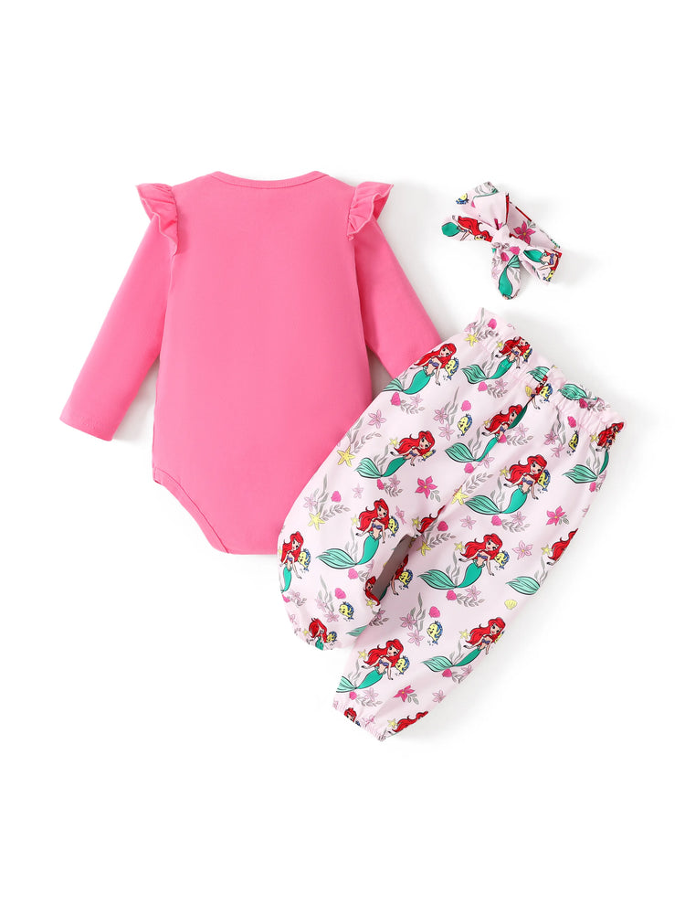 Disney Princess Baby Girl Ariel 3pcs Ruffle Romper and Pants with Headband Set Hot Pink