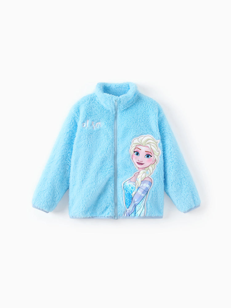 Disney Frozen Toddler/Kids Girl Elsa Double-Sided Fleece Fabric and Stand Collar Zipper Jacket Light Blue
