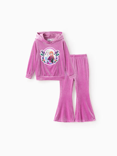 Disney Frozen Toddler/Kids Girl 2pc Elsa/Anna Velour Fabric Embroidery hooded Set Pink purple