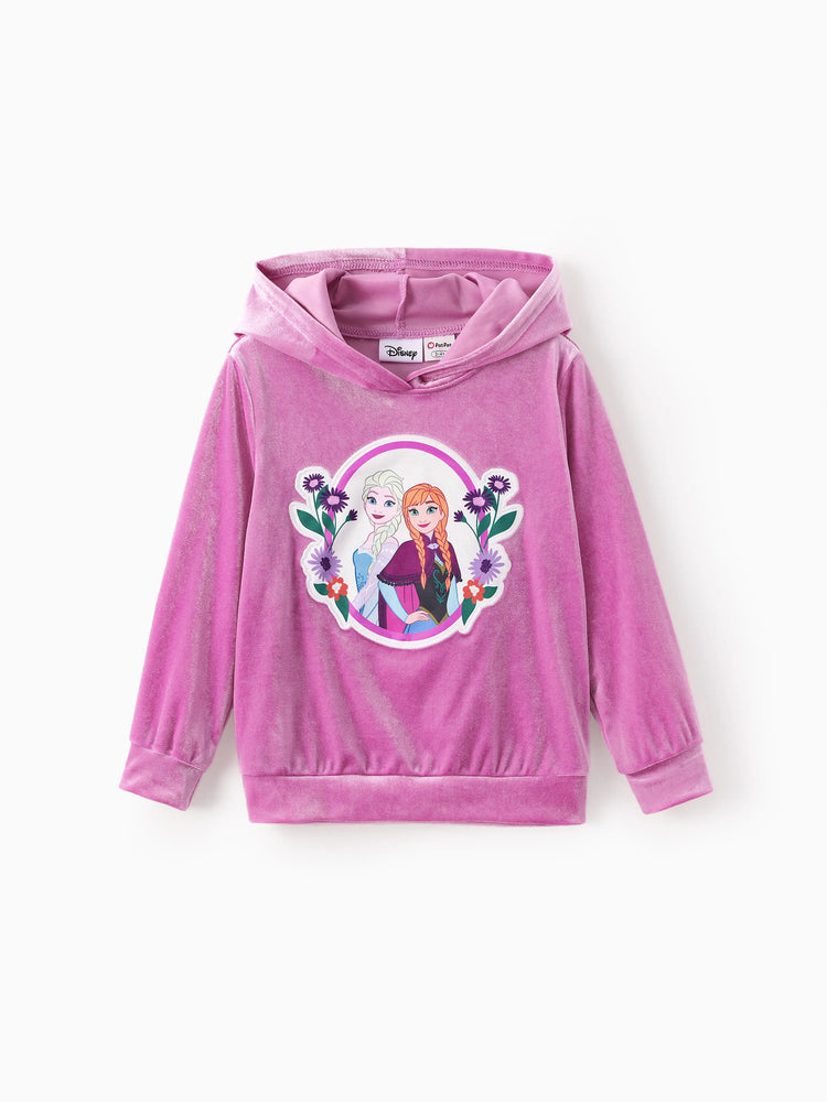 Disney Frozen Toddler/Kids Girl 2pc Elsa/Anna Velour Fabric Embroidery hooded Set Pink purple