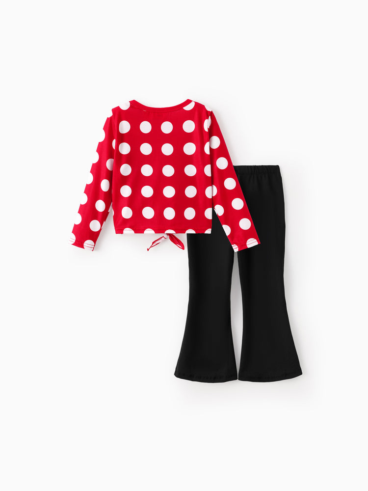 Disney Mickey and Friends Toddler/Kids Girl 2pcs Minnie Tie Longsleeves Top and Leopard Print Flared Pants Set Red