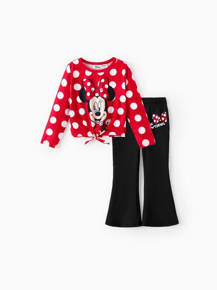 Disney Mickey and Friends Toddler/Kids Girl 2pcs Minnie Tie Longsleeves Top and Leopard Print Flared Pants Set Red