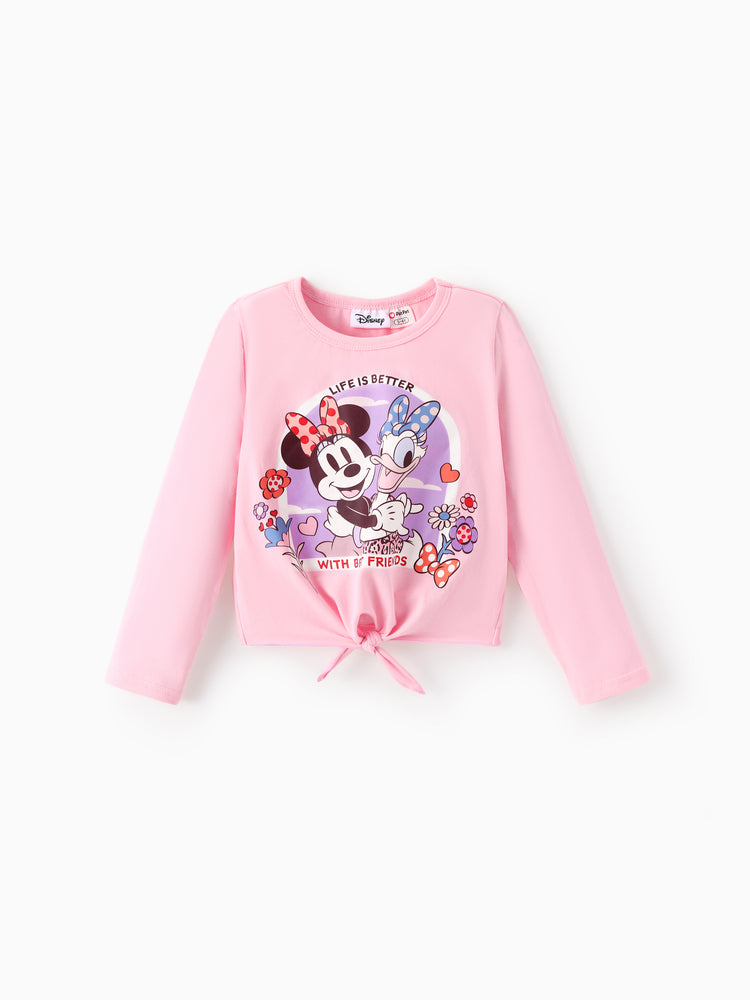 Conjunto de 2 piezas de top de manga larga con lazo y pantalones acampanados con estampado de leopardo de Disney Mickey y sus amigos para niñas pequeñas/niñas, color rosa