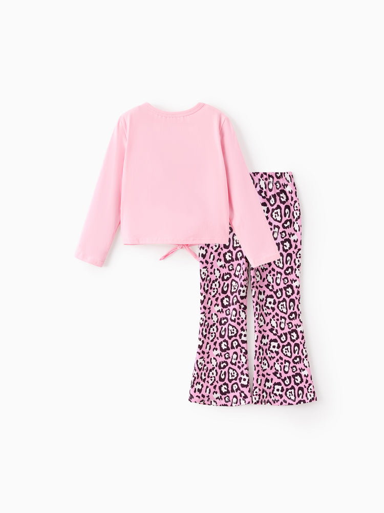 Conjunto de 2 piezas de top de manga larga con lazo y pantalones acampanados con estampado de leopardo de Disney Mickey y sus amigos para niñas pequeñas/niñas, color rosa