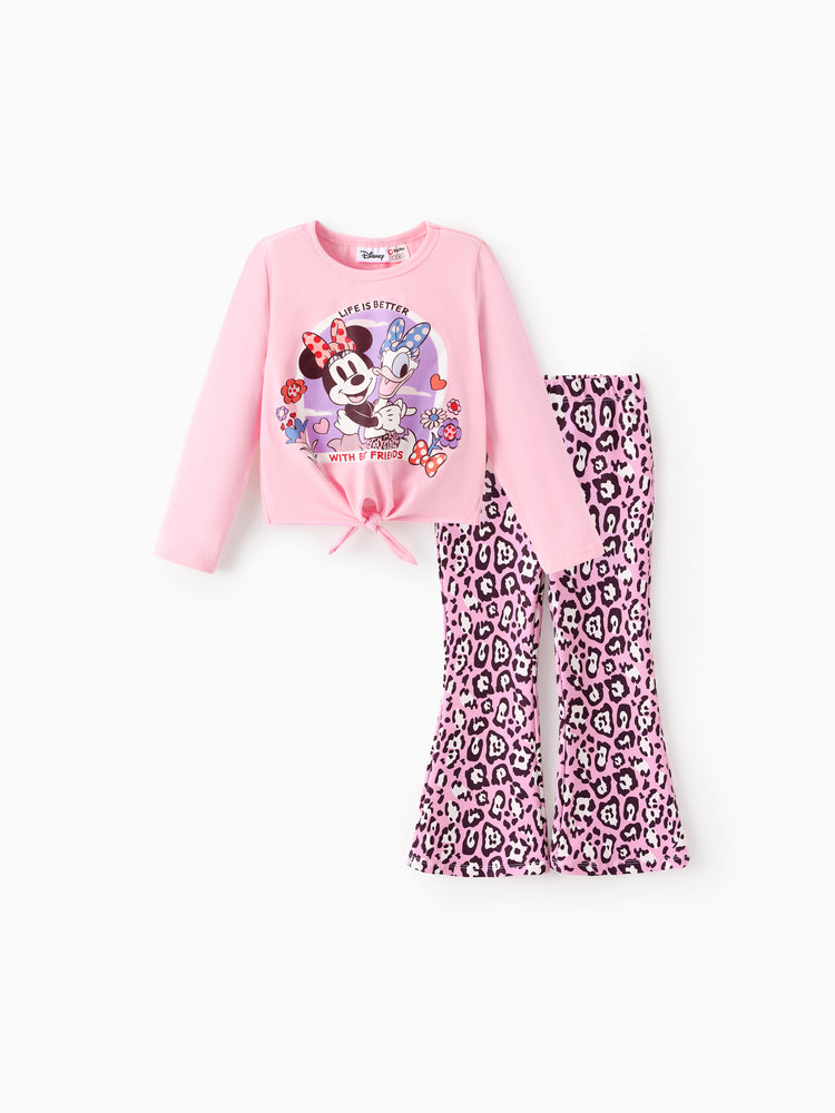 Conjunto de 2 piezas de top de manga larga con lazo y pantalones acampanados con estampado de leopardo de Disney Mickey y sus amigos para niñas pequeñas/niñas, color rosa