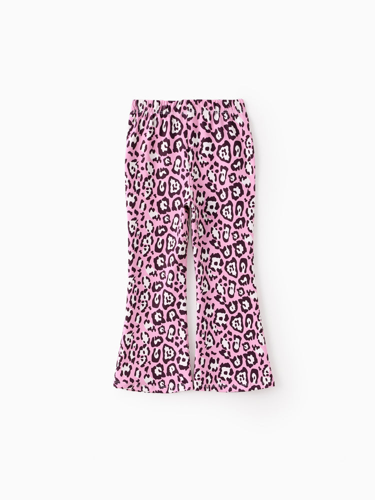 Conjunto de 2 piezas de top de manga larga con lazo y pantalones acampanados con estampado de leopardo de Disney Mickey y sus amigos para niñas pequeñas/niñas, color rosa