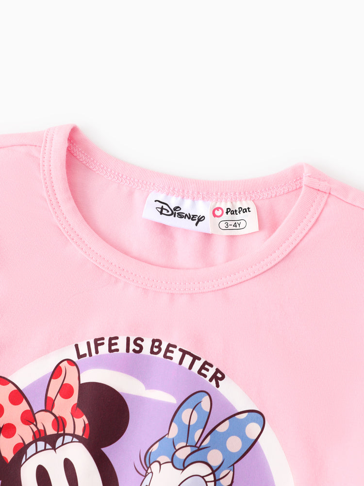 Conjunto de 2 piezas de top de manga larga con lazo y pantalones acampanados con estampado de leopardo de Disney Mickey y sus amigos para niñas pequeñas/niñas, color rosa