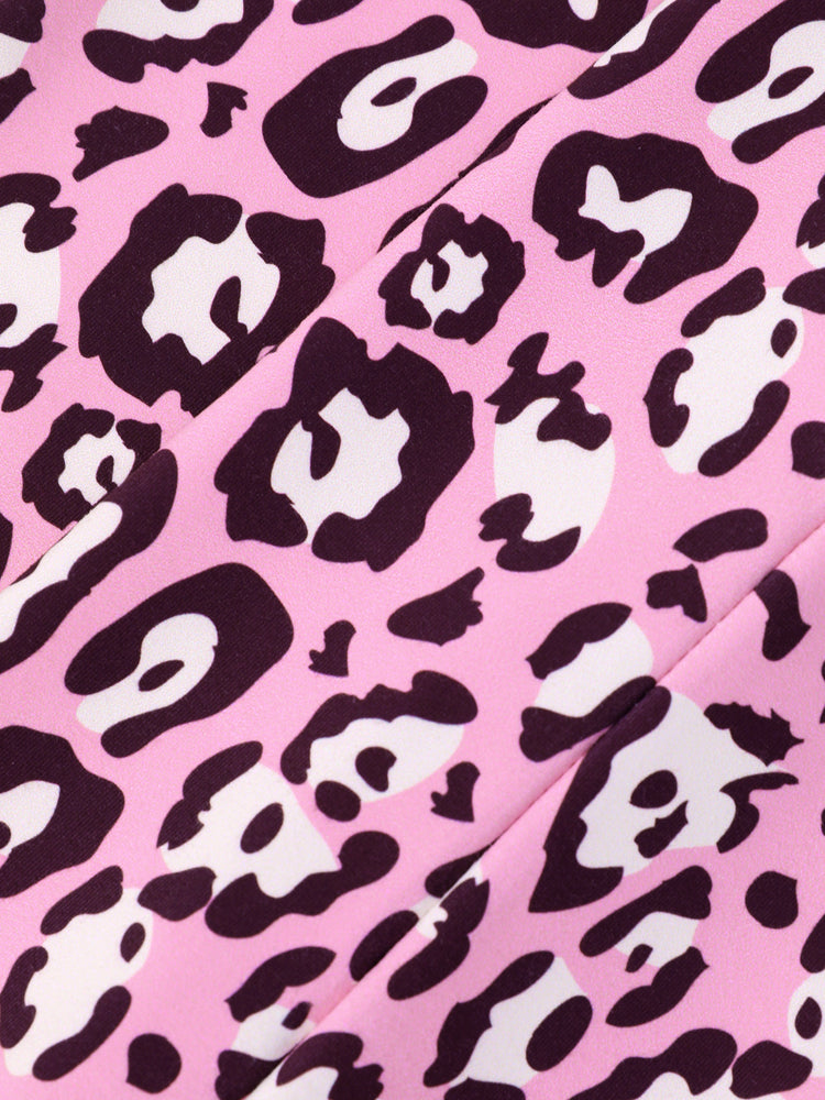 Conjunto de 2 piezas de top de manga larga con lazo y pantalones acampanados con estampado de leopardo de Disney Mickey y sus amigos para niñas pequeñas/niñas, color rosa