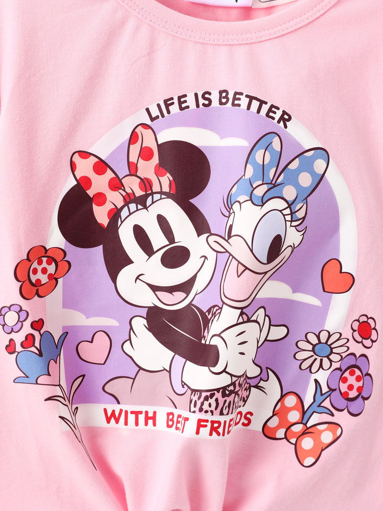 Conjunto de 2 piezas de top de manga larga con lazo y pantalones acampanados con estampado de leopardo de Disney Mickey y sus amigos para niñas pequeñas/niñas, color rosa