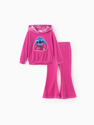 Ensemble 2 pièces à capuche en velours Disney Stitch pour petite fille, rose pêche