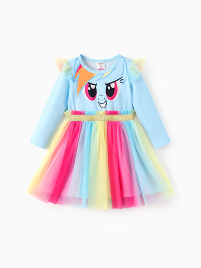 My Little Pony Toddler Girl Rainbow Dash Ruffle Mesh Fabric Long Sleeve Dress Light Blue