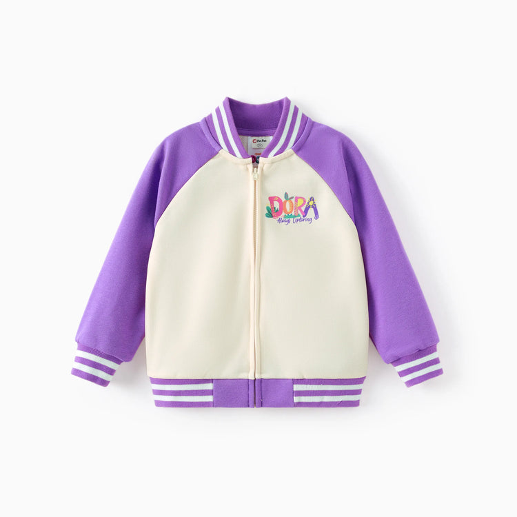 Chaqueta bomber de punto con bloques de color morado para niña pequeña Dora