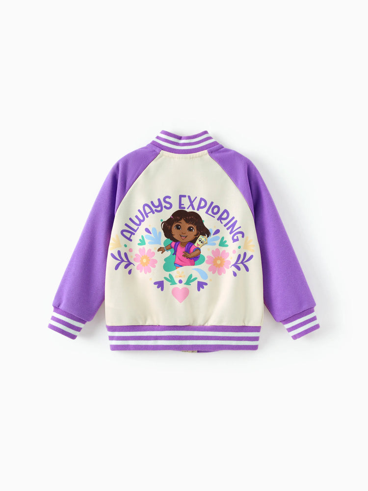 Chaqueta bomber de punto con bloques de color morado para niña pequeña Dora